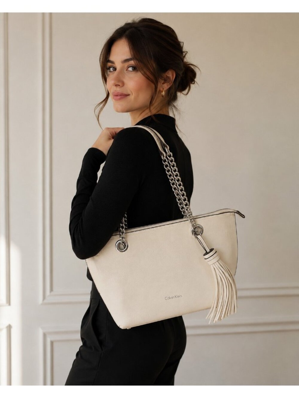 Calvin Klein Tote White Pebbled Leather Shoulder Bag Handbag